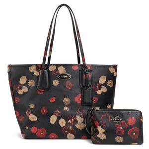 Coach Black Floral Leather Tote with Matching Wristlet set